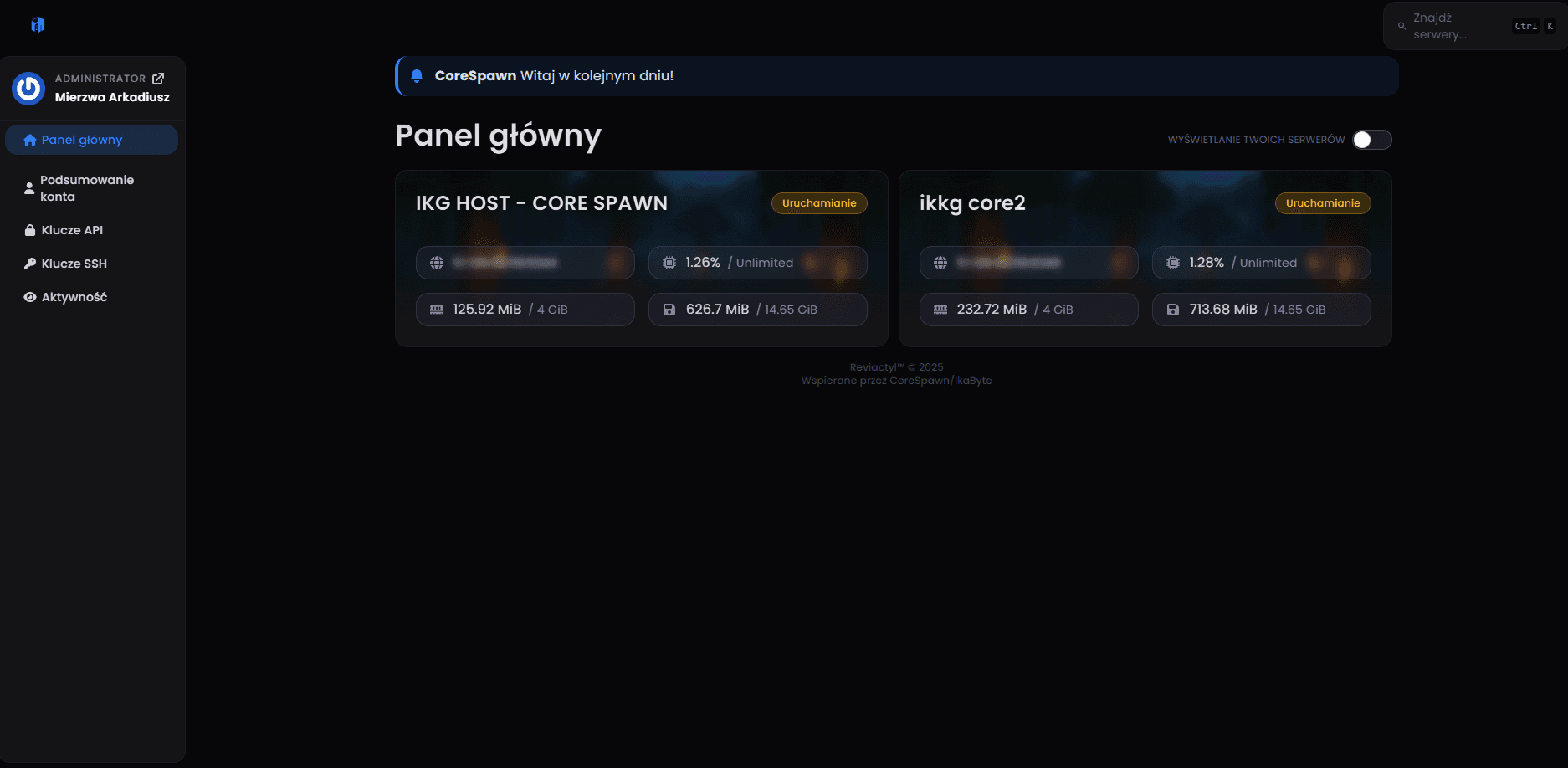 Panel główny Corespawn